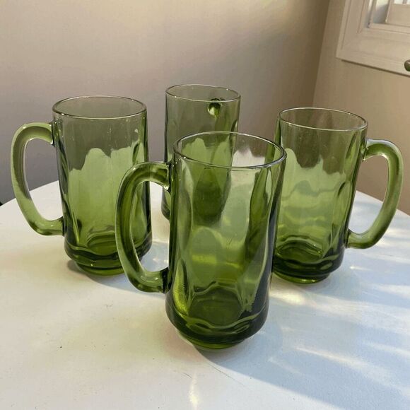 Hazel Atlas Lyric Drop Dot Optic Avocado Green Glass Mug Set of 4 Heavy Stein - Picture 6 of 8